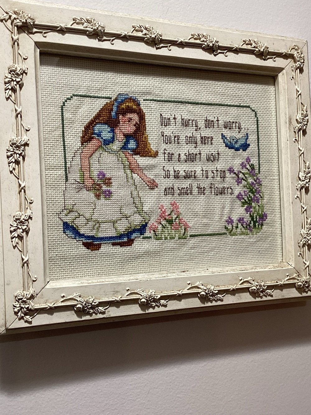 Framed Cross-Stitch Girl with Floral Motif in Blue and White
